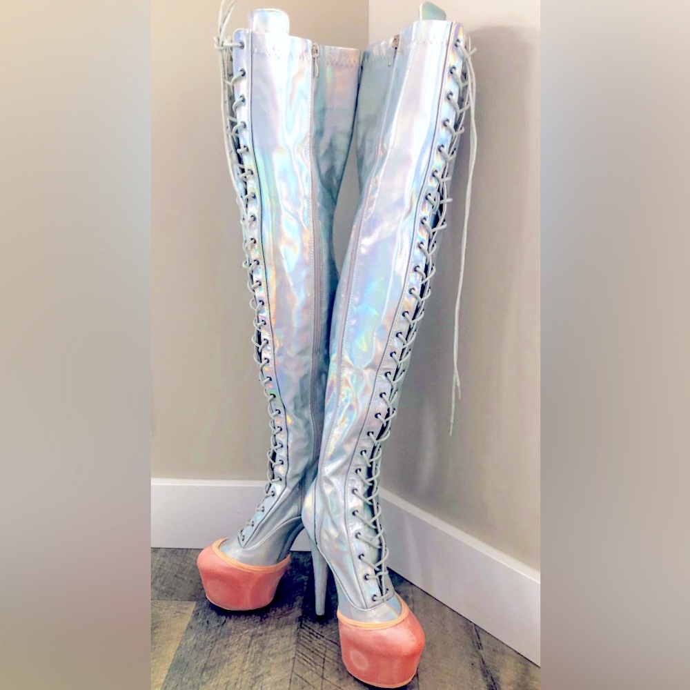 Holographic Size 7.5 Thigh-High Boots